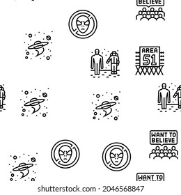 Ufo Guest Visiting Vector Seamless Pattern Thin Line Illustration