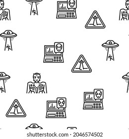Ufo Guest Visiting Vector Seamless Pattern Thin Line Illustration