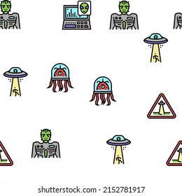 Ufo Guest Visiting Vector Seamless Pattern Thin Line Illustration