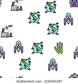 Ufo Guest Visiting Vector Seamless Pattern Thin Line Illustration