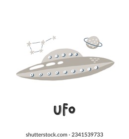 Ufo. Hand drawn illustration in cartoon style. Transport toys. Cute concept for children's print. Illustration for the design postcard, textiles, apparel
