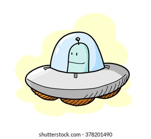 UFO, a hand drawn vector illustration of an alien driving its UFO, isolated on a simple background (editable).