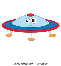 UFO happy cartoon. Outlined illustration with thin line black stroke
