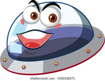 Ufo with happy face expression on white background illustration