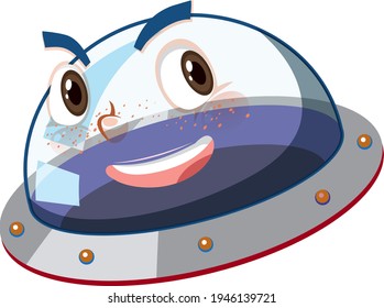 Ufo with happy face expression on white background illustration