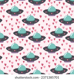 UFO and hearts. Seamless pattern. Vector illustration