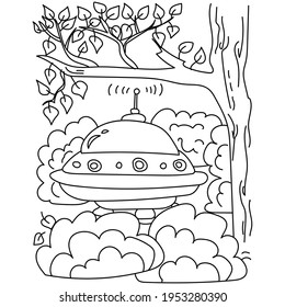 UFO hidden under a tree, fantasy flying saucer coloring page vector illustration