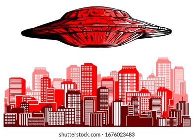 Ufo hiring at night city, search professional, alien spaceship flying above skyscrapers and empty road in megapolis lighting with bright ray,