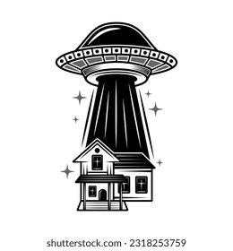 Ufo and house silhouette vector monochrome illustration in vintage style isolated on white background
