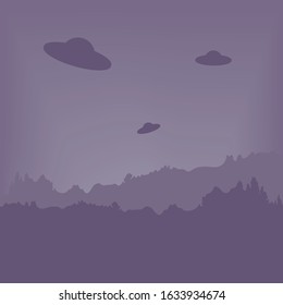 UFO hover in the sky. Twilight over the forest. Vector illustration. Aliens from another planet.