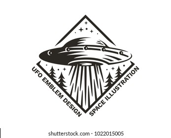 UFO hovered in the sky above the pine forest and emits light - emblem, vector illustration, print, sticker set on a white background.