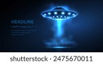 UFO hovering against a blue background. Galaxy exploration, Extraterrestrial civilization, Flying saucer, UFO sighting, Futuristic spacecraft, Science fiction concept