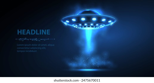 UFO hovering against a blue background. Galaxy exploration, Extraterrestrial civilization, Flying saucer, UFO sighting, Futuristic spacecraft, Science fiction concept