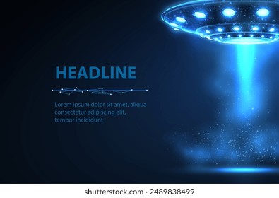 UFO hovering against a blue background. Galaxy exploration, Extraterrestrial civilization, Flying saucer, UFO sighting, Futuristic spacecraft, Science fiction concept