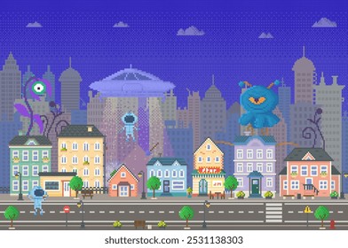 UFO hovers over a city street with an astronaut being beamed up. Two friendly, large monsters interact with colorful houses and small figures below. Ideal for children, fantasy, adventure, sci-fi