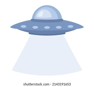 UFO icon. Alien spaceship with ray of light. Futuristic unknown flying object. Vector flat illustration
