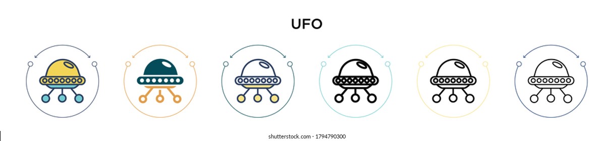 Ufo icon in filled, thin line, outline and stroke style. Vector illustration of two colored and black ufo vector icons designs can be used for mobile, ui, web