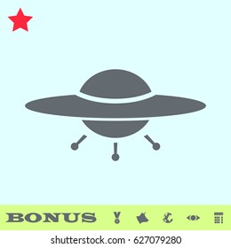 UFO icon flat. Grey pictogram on blue background. Vector illustration symbol and bonus buttons medal, cow, earth, eye, calculator
