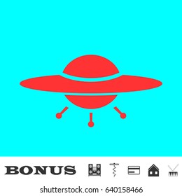 UFO icon flat. Red pictogram on blue background. Vector illustration symbol and bonus buttons Music center, corkscrew, credit card, house, drum