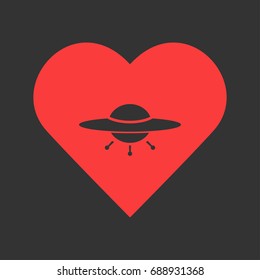 UFO icon flat. Simple pictogram on heart background. Vector illustration symbol