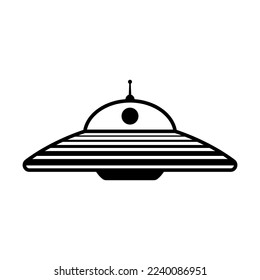 Icono Ufo. Salto volador. Silueta lineal de contorno negro. Vista frontal. trazos editables. Ilustración gráfica plana vectorial simple. Objeto aislado sobre un fondo blanco. Aislar.