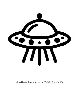 UFO icon. Flying saucer icon. Black illustration of a UFO with a descending light beams. Concept of extraterrestrial technology