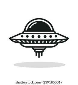 UFO icon. Flying saucer icon. Black illustration of a UFO with a descending light beams. Concept of extraterrestrial technology