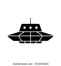 Ufo icon. Flying saucer. Side view. Black silhouette. Vector flat graphic illustration. The isolated object on a white background. Isolate.