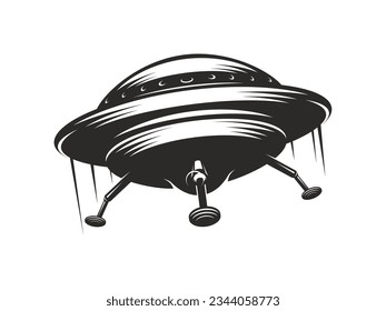 UFO icon, flying saucer with trails, alien spaceship or space galaxy ship, vector martian spacecraft. UFO saucer in retro monochrome, mystic fantasy universe and extraterrestrial galaxy spacecraft