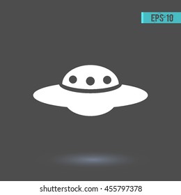 Ufo icon. Graphic symbol web design, logo. White glyph on a gray background. Isolated sign.