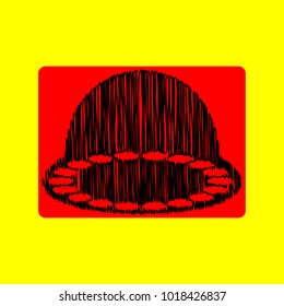 UFO icon illustration. Vector. Black scribble icon in red container with rounded corners at yellow background. Isolated.