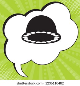 UFO icon illustration. Vector. Black icon in speech bubble at popart yellow green background.