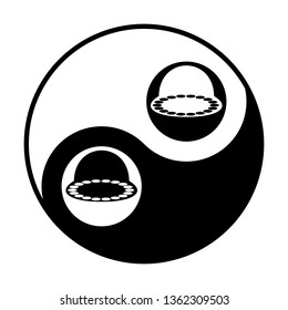 UFO icon illustration. Vector. Black and white icon inside circles of yin and yang symbol at white background.