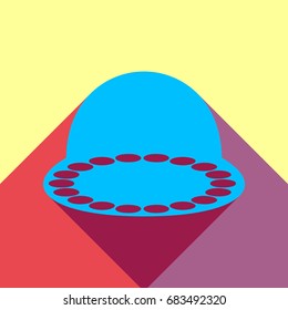 UFO icon illustration. Vector. Deep sky blue icon with two flat violet and raspberry semitransparent shadows on canary background.