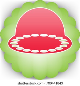 UFO icon illustration. Vector. Pinkish icon with white contour on green background which similar to flower.