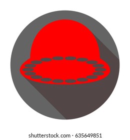 UFO icon illustration. Vector. Red icon with reddish shadow on dark gray circle at white background. Isolated.