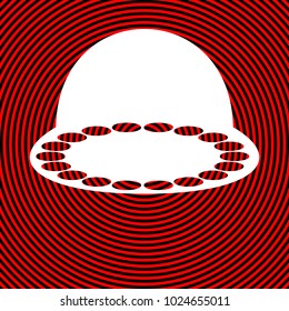 UFO icon illustration. Vector. White icon on red and black radial pattern as background. Isolated.