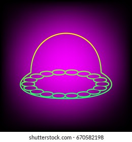 UFO icon illustration. Vector. Yellow-green gradient linear icon on magenta light as background