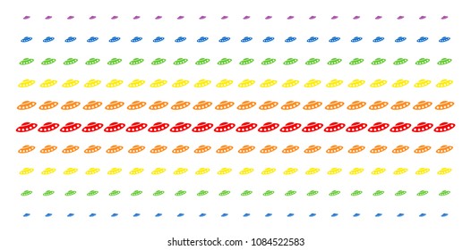 UFO icon rainbow colored halftone pattern. Vector objects organized into halftone array with vertical spectrum gradient. Designed for backgrounds, covers, templates and abstraction effects.