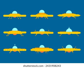 Ufo icon set in flat style. Collection of alien spaceships, space flying saucer. Alien spacecrafts. Icon design for print, banners and advertising. Vector illustration