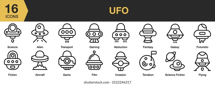 Ícone de OVNI definido. Inclui voo, galáxia, jogo, invasão, ficção científica, transporte e muito mais. Contornar coleção de vetores de ícones.