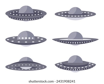 Ufo icon set isolated on white background. Collection of alien spaceships, space flying saucer. Alien spacecrafts. Icon design for print, banners and advertising. Vector illustration