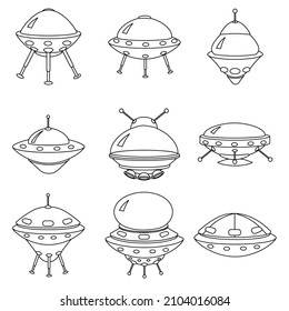 Juego de iconos de OVNI, nave espacial de alienígena. Estilo de contorno del vector