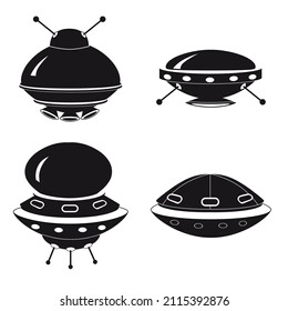 UFO icon set, spacecraft of alien. Vector flat black color style