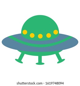 Ufo icon in trendy flat style. Green, yellow and blue colors. Vector stock illustration. Isolated on a white background.