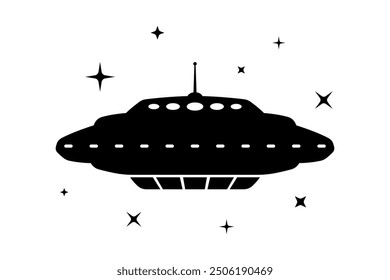 Ufo icon. Unidentified flying object. Black silhouette. Front side view. Vector simple flat graphic illustration. Isolated object on white background. Isolate.