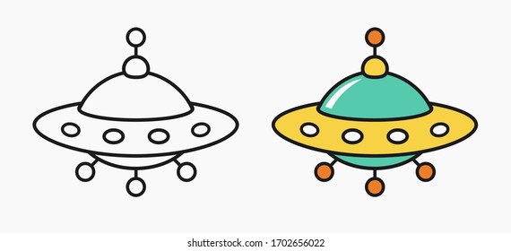 UFO icon, unknow flying object cartoon linear illustration for children coloring book, simple line child drawing, vector illustration