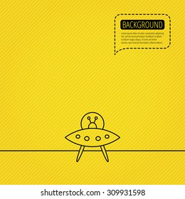 UFO icon. Unknown flying object sign. Martians symbol. Speech bubble of dotted line. Orange background. Vector