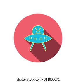 UFO icon. Unknown flying object sign. Martians symbol. Red flat circle button. Linear icon with shadow. Vector