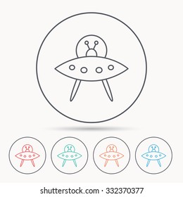 UFO icon. Unknown flying object sign. Martians symbol. Linear circle icons.